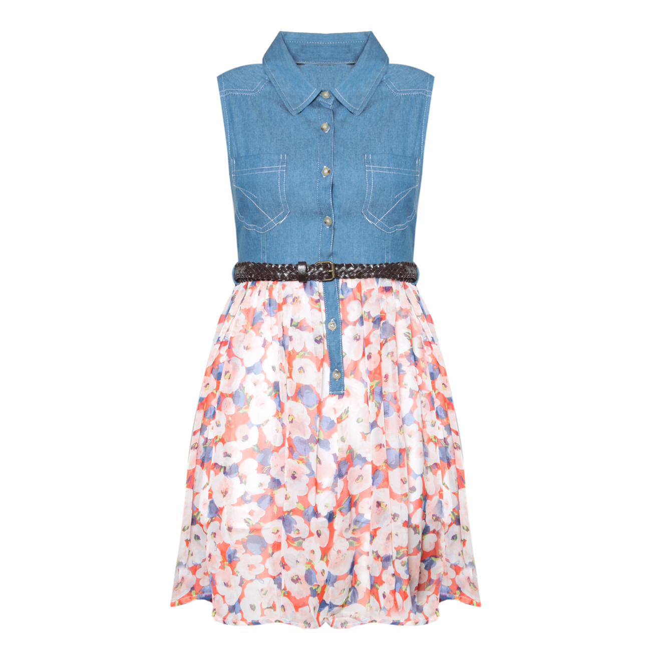 Denim Floral Print Shirt Dress In Pink Preview